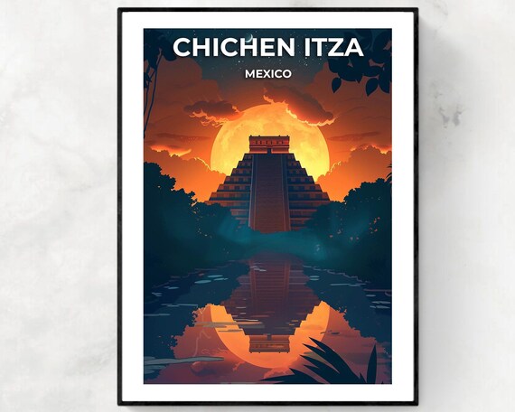 Chichen Itza Mexico Mayan Pyramid Moonlit Night Jungle Reflection Poster