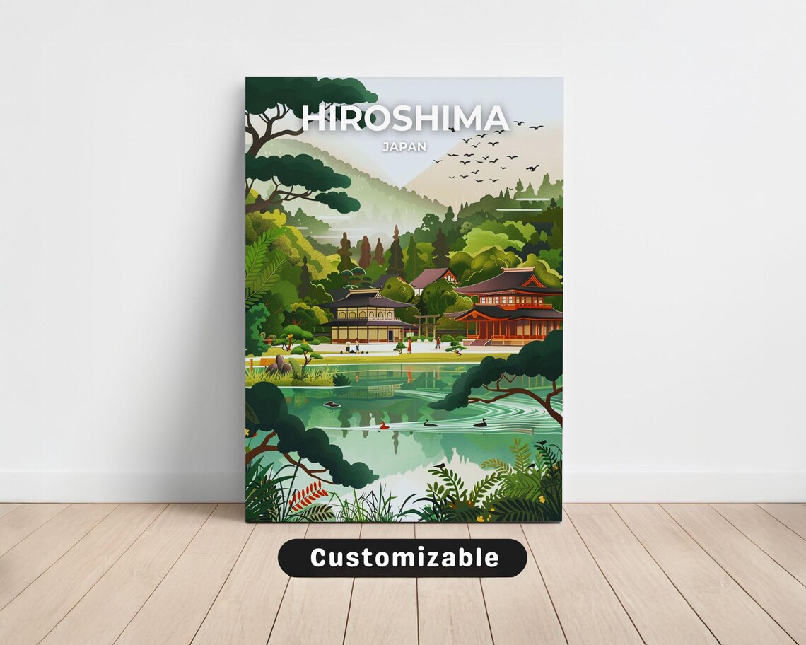 Hiroshima Japan Temple Lakeside Garden Serene Green Travel Poster