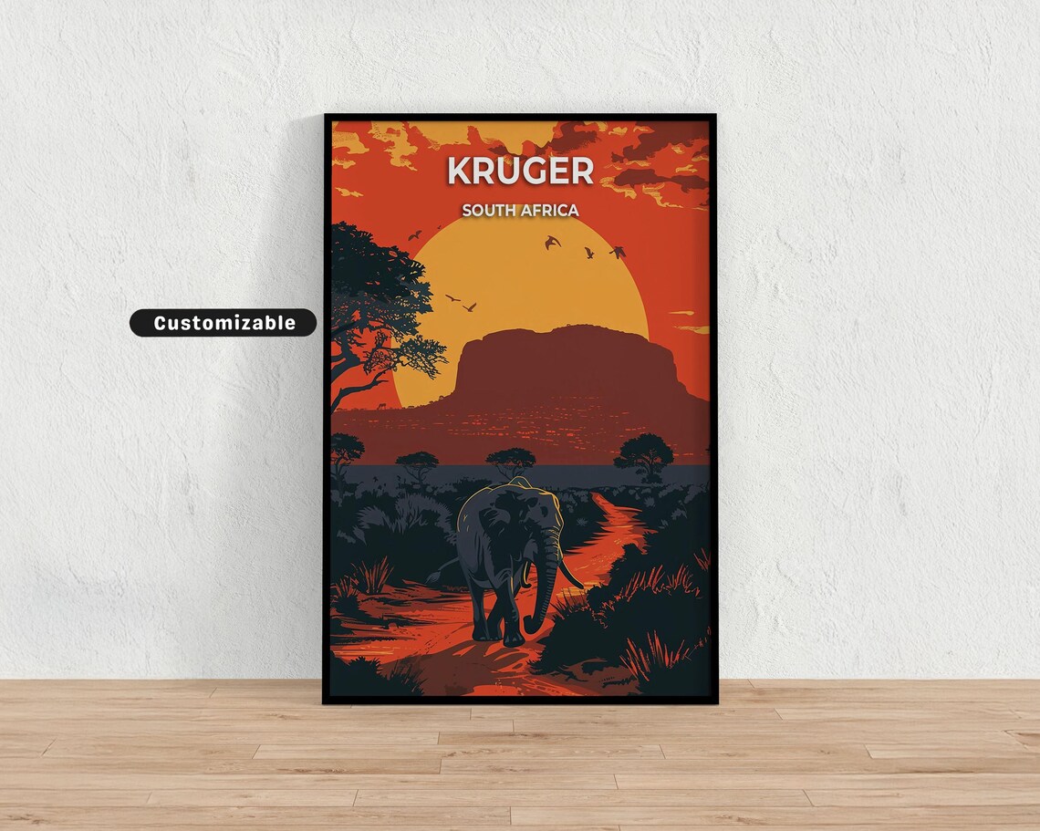 Kruger South Africa Elephant Sunset Red Sky Safari Travel Poster