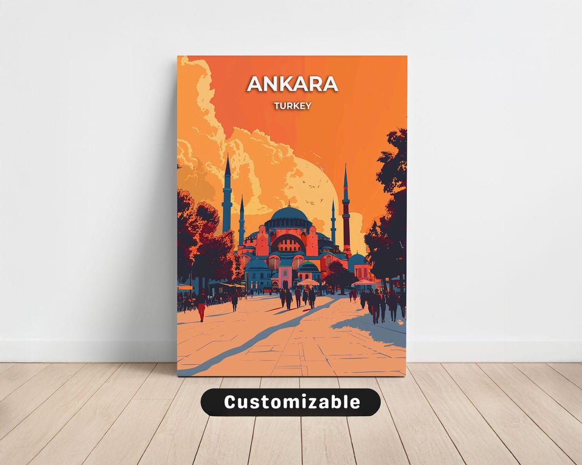 Ankara Turkey Mosque Boulevard Sunset Orange Sky Vintage Travel Poster