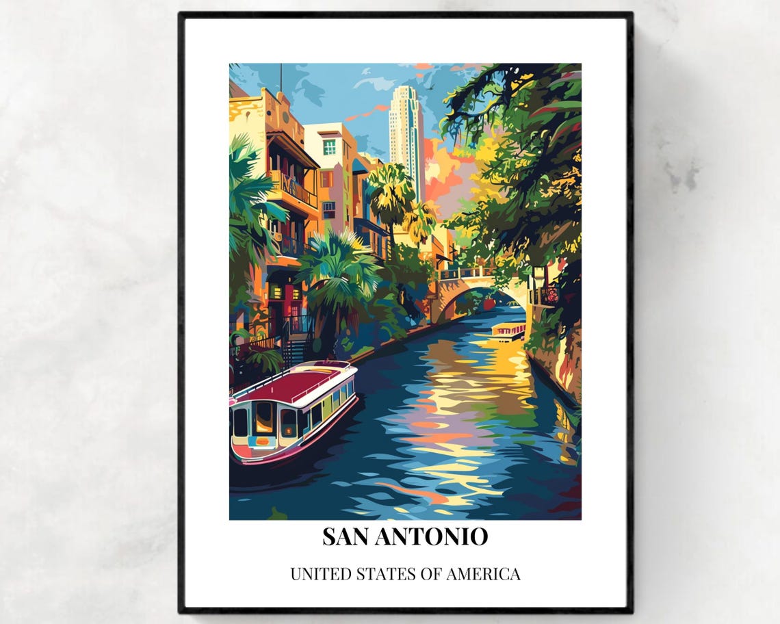 San Antonio River Walk Texas Canal Boat Scene Retro Travel Poster