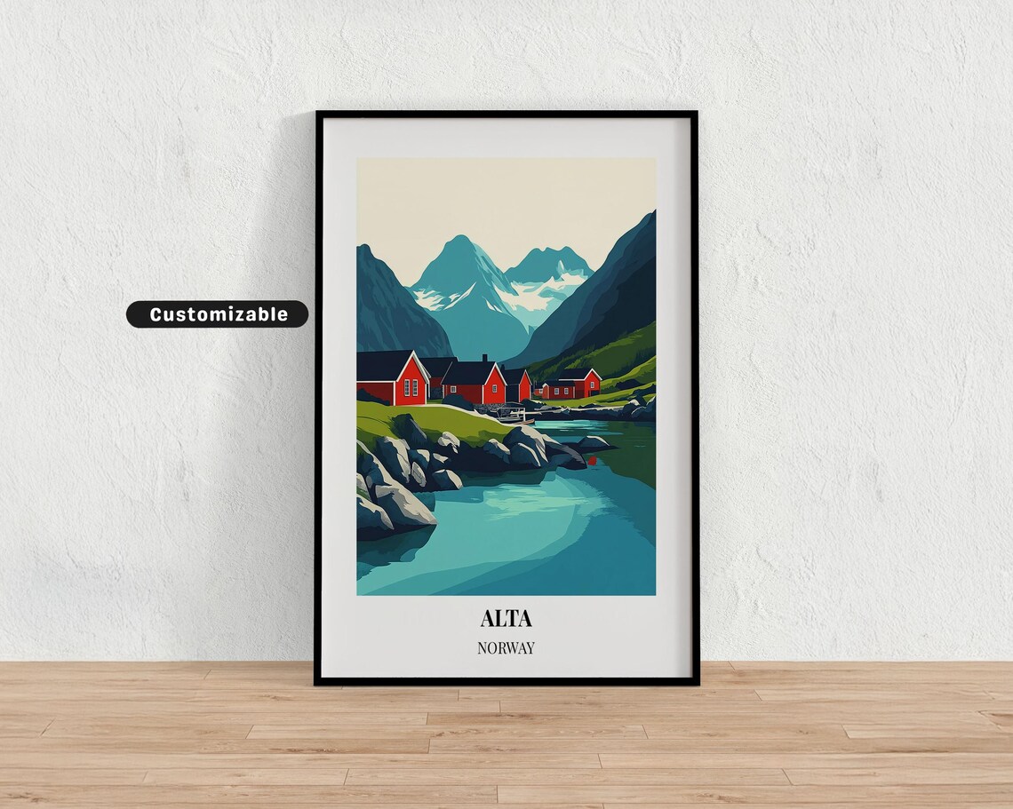 Alta Norway Red Cabins Turquoise Cove Fjord Scenic Travel Poster