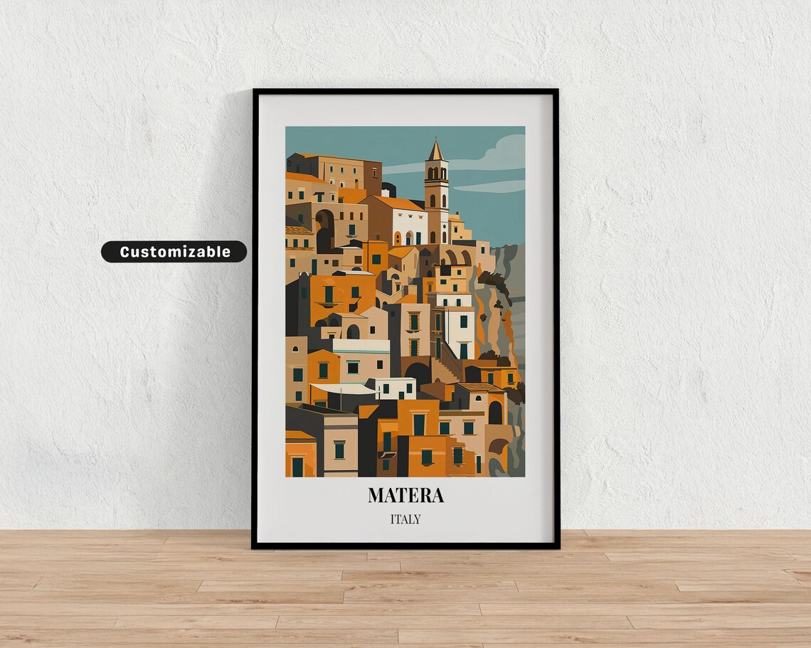 Matera Italy Travel Art Ancient Stone City Cliff Houses Vintage Print