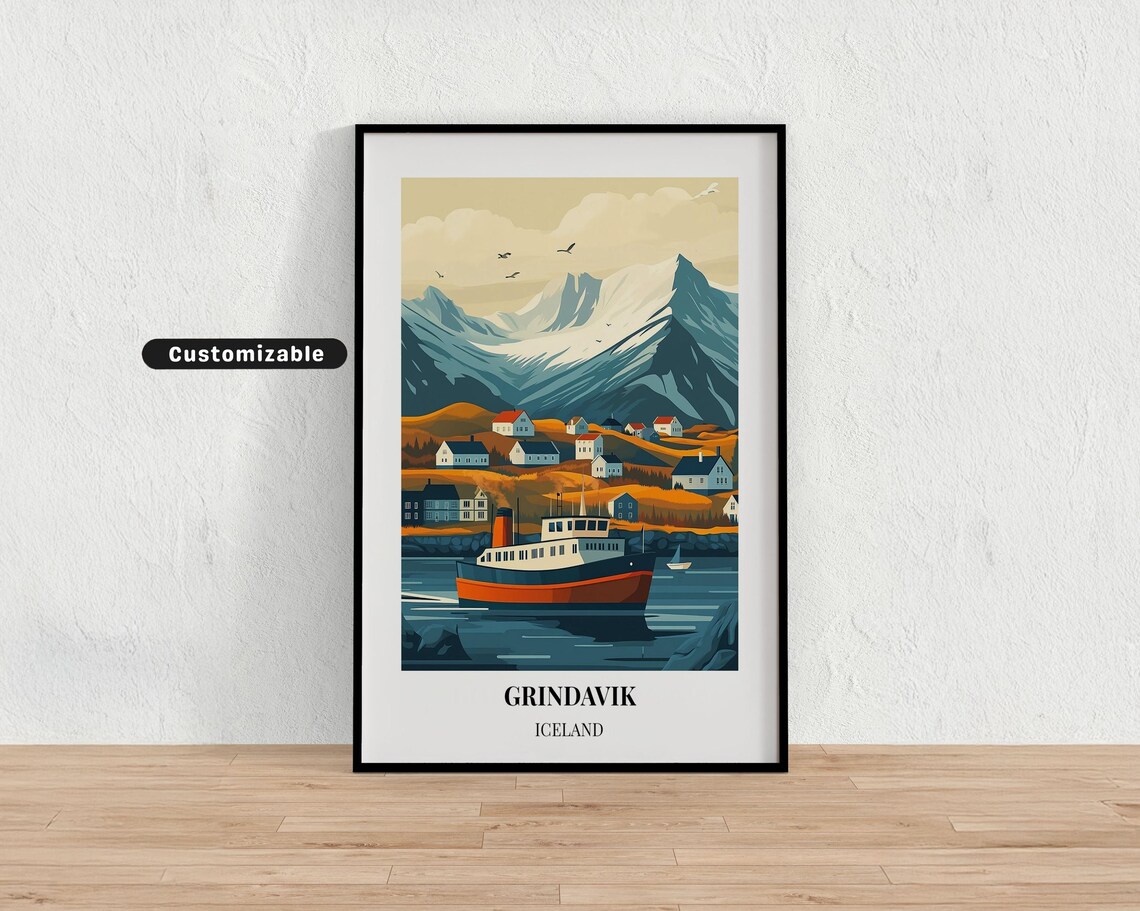Grindavik Iceland Harbor Fishing Boat Mountain Travel Art Poster