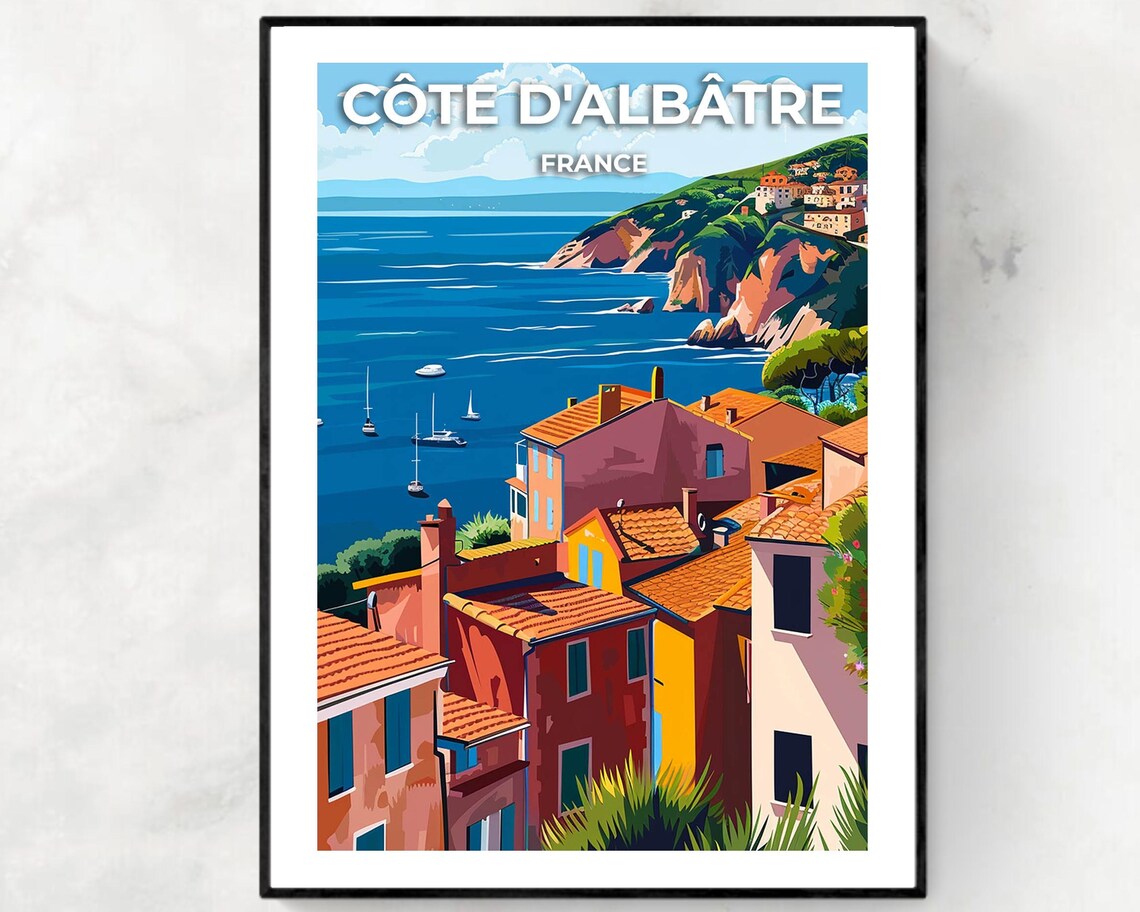 Cote d'Albatre France Cliffside Village Poster with Boats on the Bay
