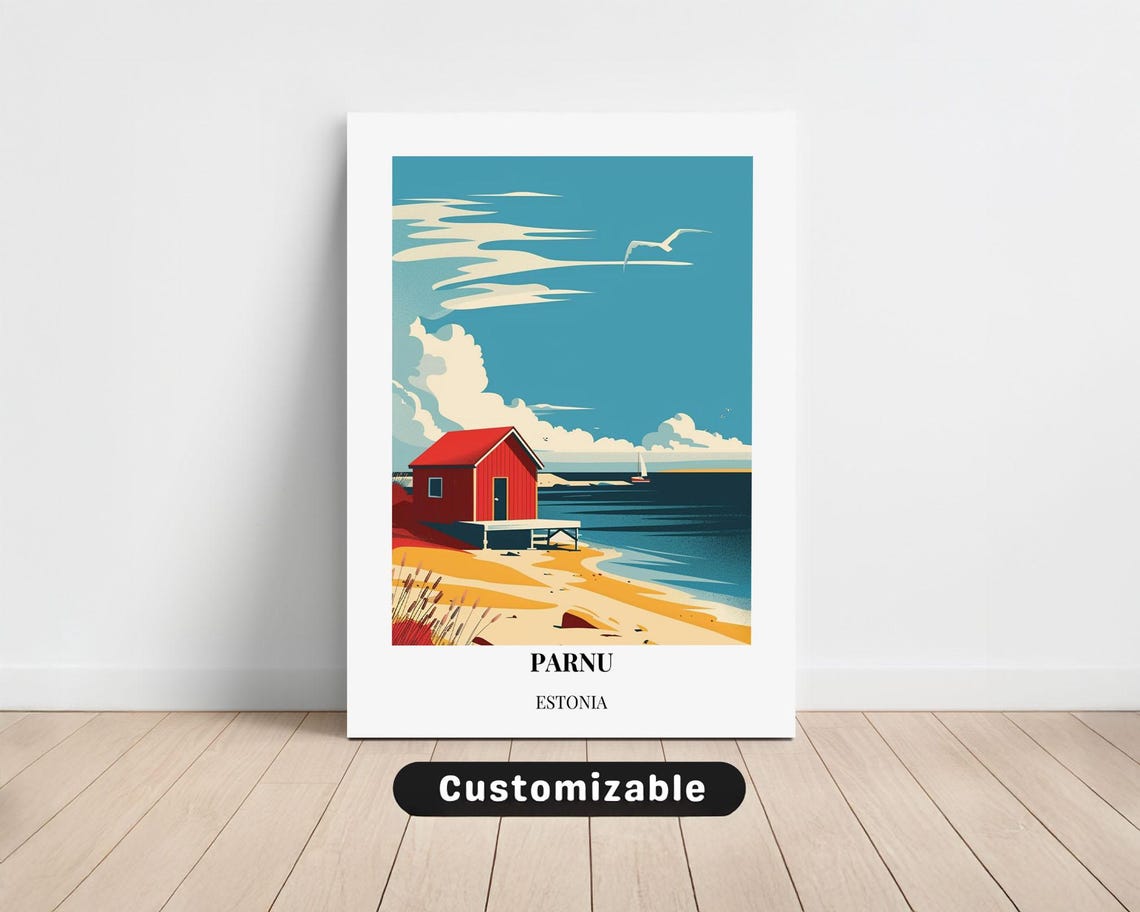 Parnu Estonia Red Beach Hut Coast Vintage Style Travel Poster