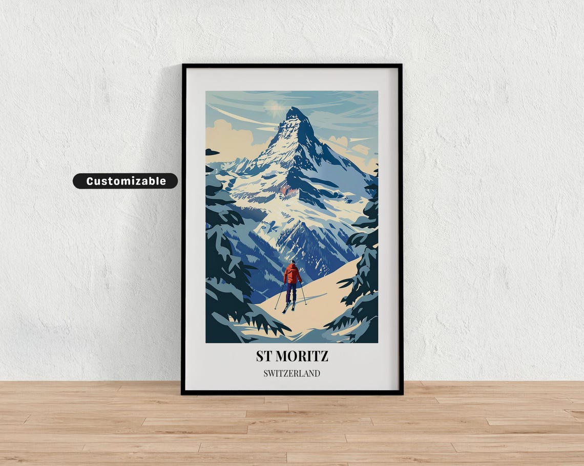 St Moritz Switzerland Skier On Slope Beneath Iconic Peak Travel Poster