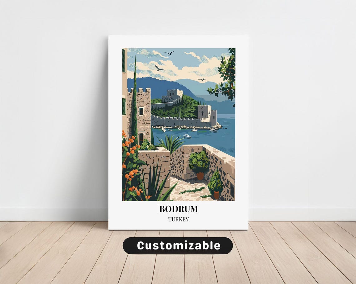 Bodrum Turkey Travel Poster Castle Bay Cypress Retro Illustration