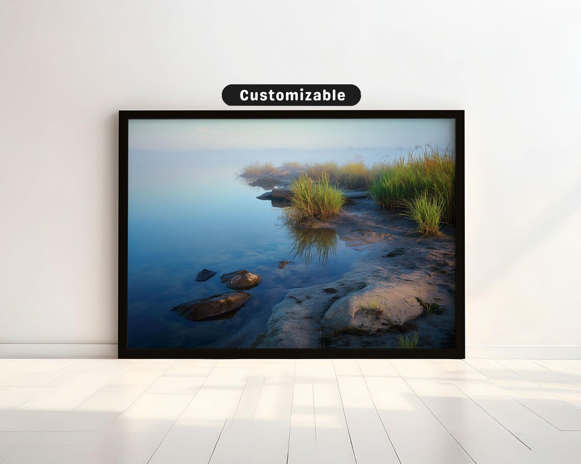 Misty Lakeshore Rocks Morning Calm Water Nature Photo Poster