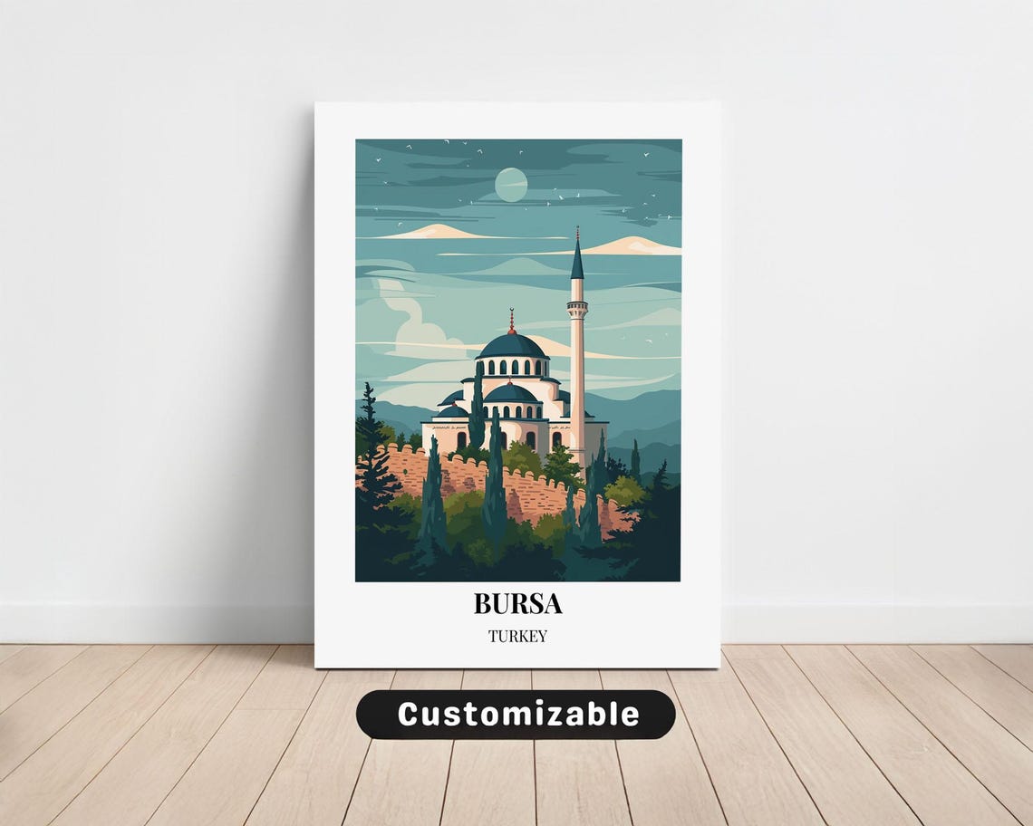 Bursa Turkey Night Skyline Mosque Vintage Travel Illustration Poster