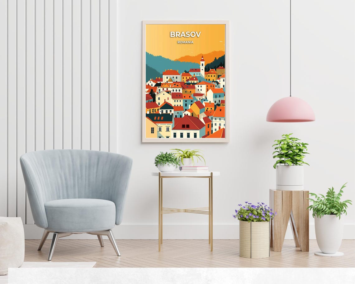 Brasov Romania Old Town Rooftops Sunset Illustration Travel Poster - Image 2