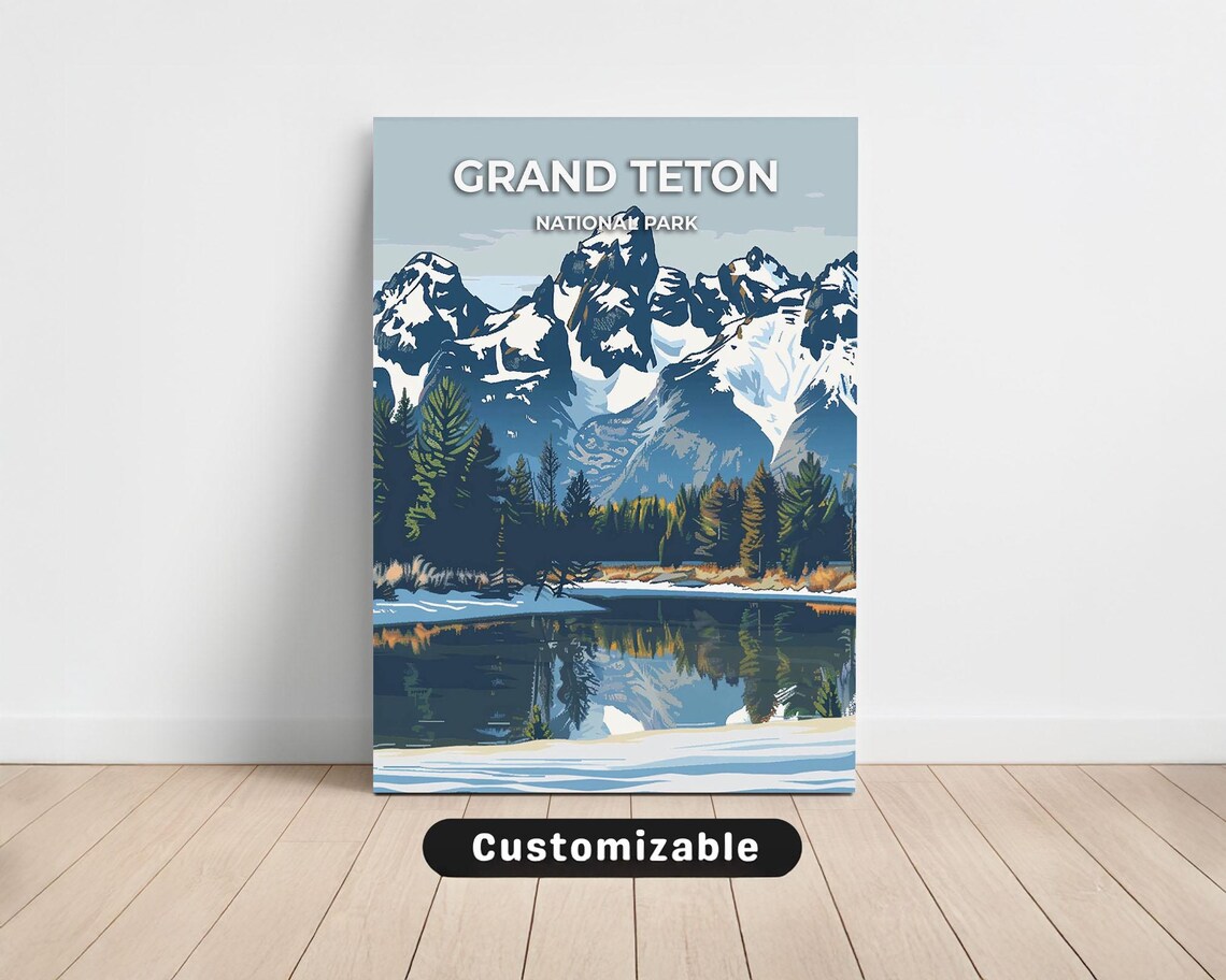 Grand Teton National Park Vintage Travel Poster with Snowy Peaks and Lake