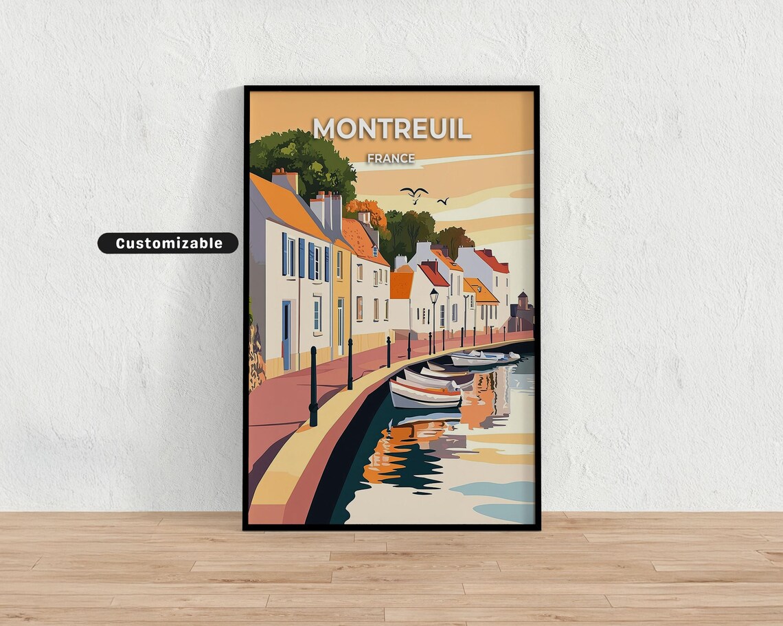 Vintage Style Montreuil France Canal Houses Sunset Travel Poster
