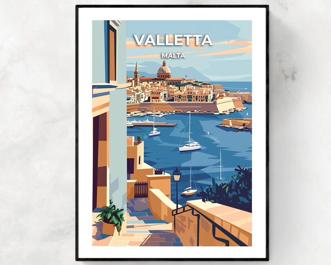 Valletta Malta Grand Harbour Sailing Boats Vintage Travel Poster