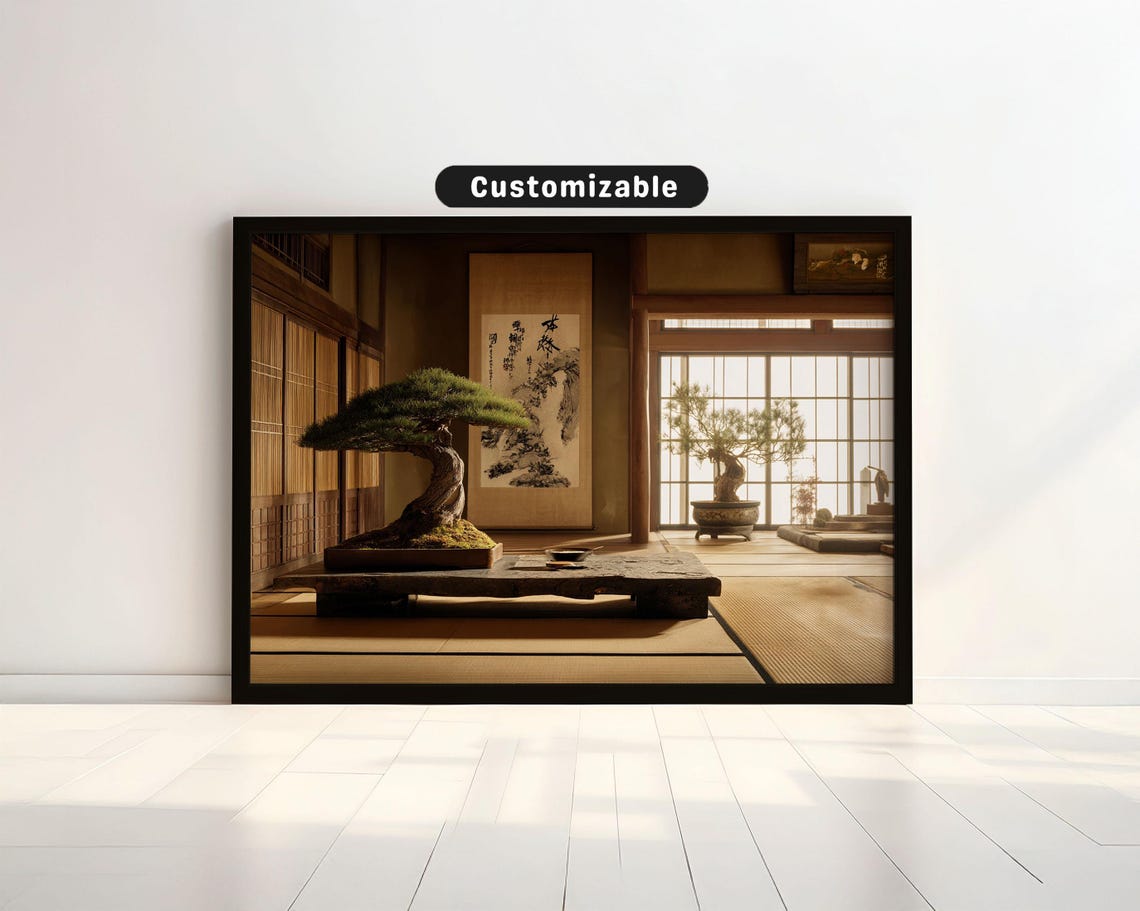 Tatami Room With Bonsai Tree And Hanging Scroll Japanese Wall Art Print Zen Asian Decor