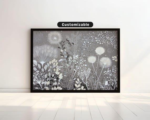 Whiteoutlined Botanical Form On Warm Grey Field Wall Art Neutral Minimal Print