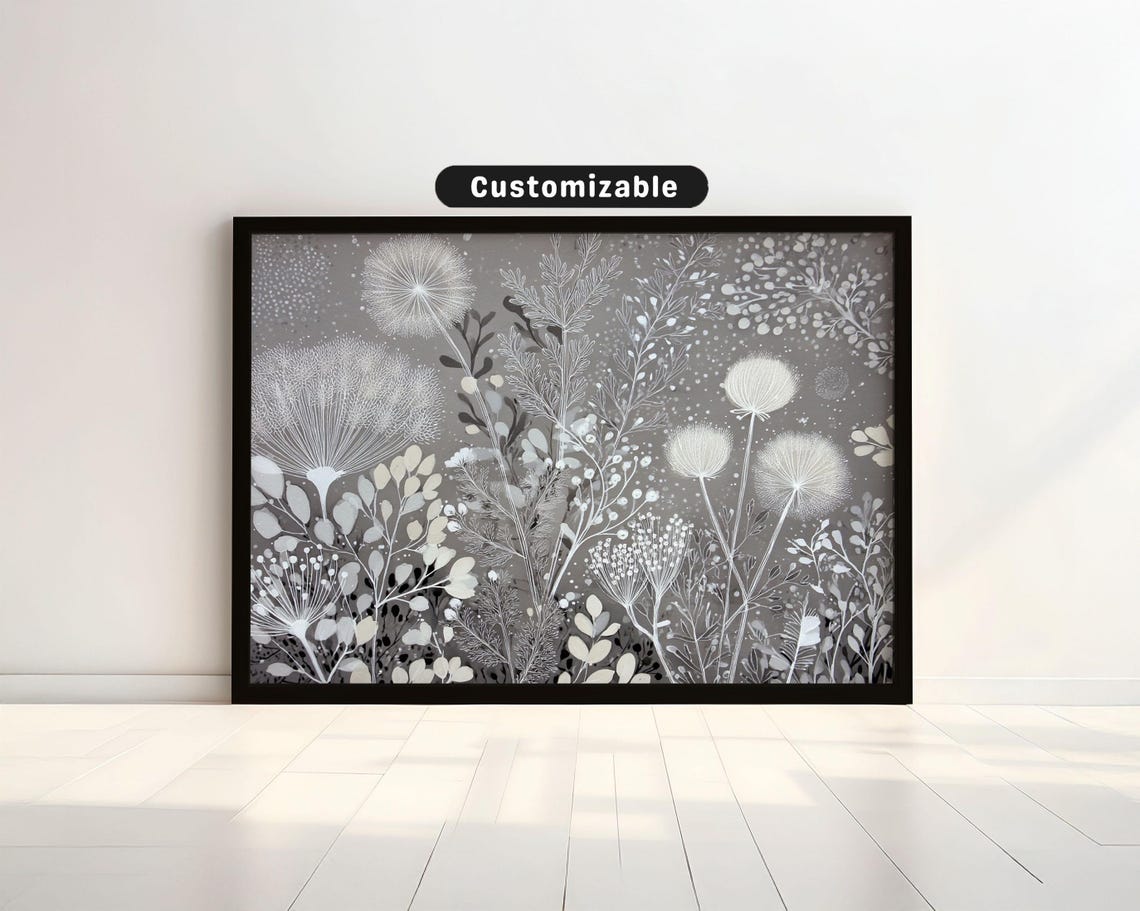 Whiteoutlined Botanical Form On Warm Grey Field Wall Art Neutral Minimal Print