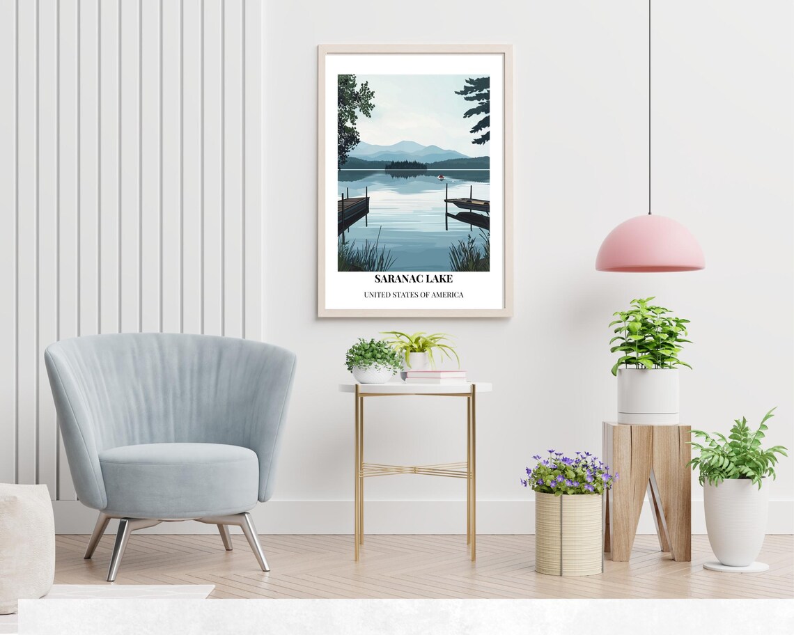Saranac Lake New York Calm Morning Lakeside Vintage Travel Poster