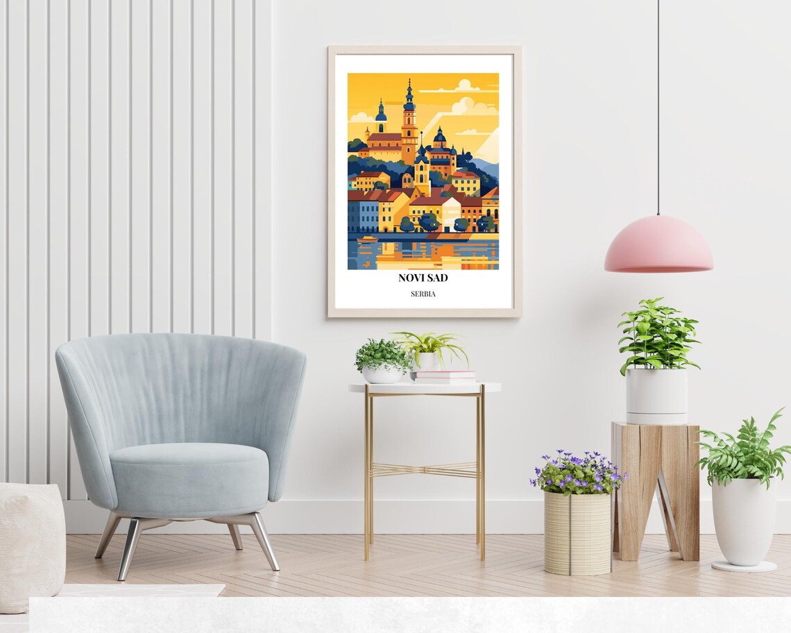 Novi Sad Serbia Riverside Skyline Golden Hour Vintage Poster - Image 2