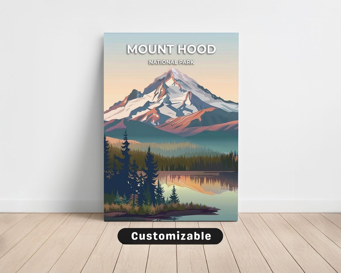 Mount Hood National Park Travel Poster Rosy Peak Lake Reflection Wall Decor