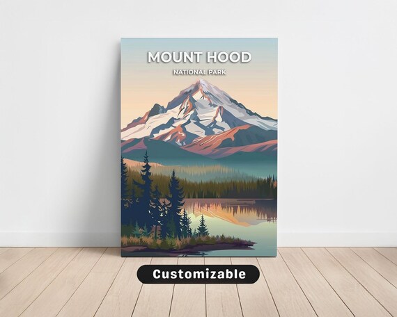 Mount Hood National Park Travel Poster Rosy Peak Lake Reflection Wall Decor