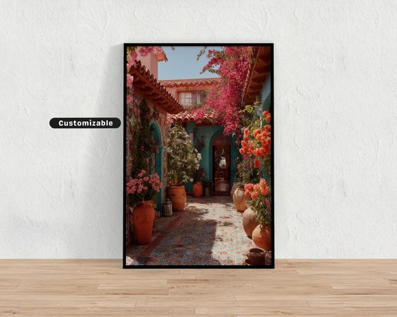 Colorful Mediterranean Courtyard Wall Art Terracotta Pots Floral Tiles Botanical Decor