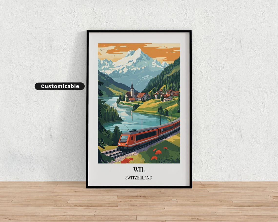 Wil Switzerland Red Train Alpine Lake Village Mountain Travel Poster