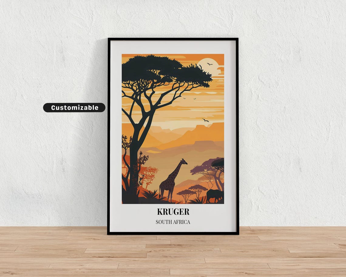 Kruger South Africa Giraffe Rhino Savanna Sunset Safari Poster