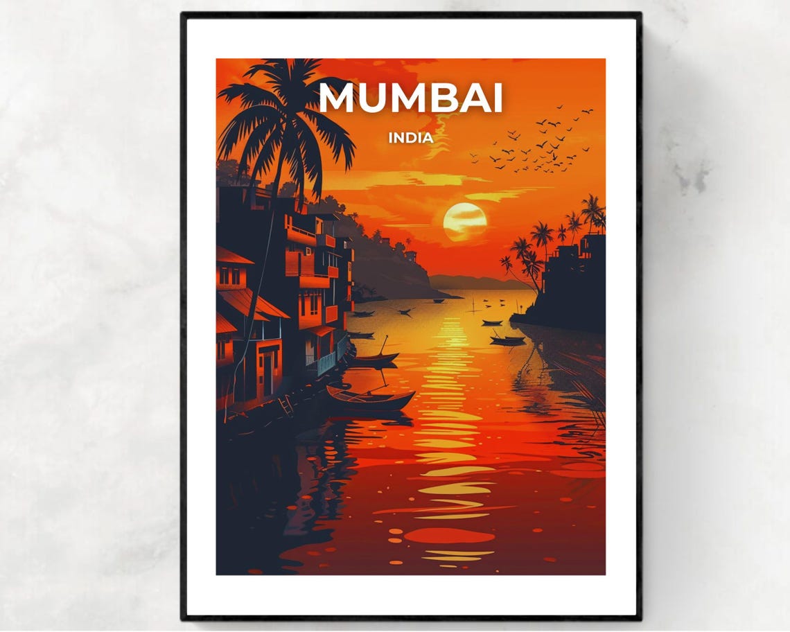 Fiery Mumbai India Harbor Sunset Boats Silhouette Travel Poster