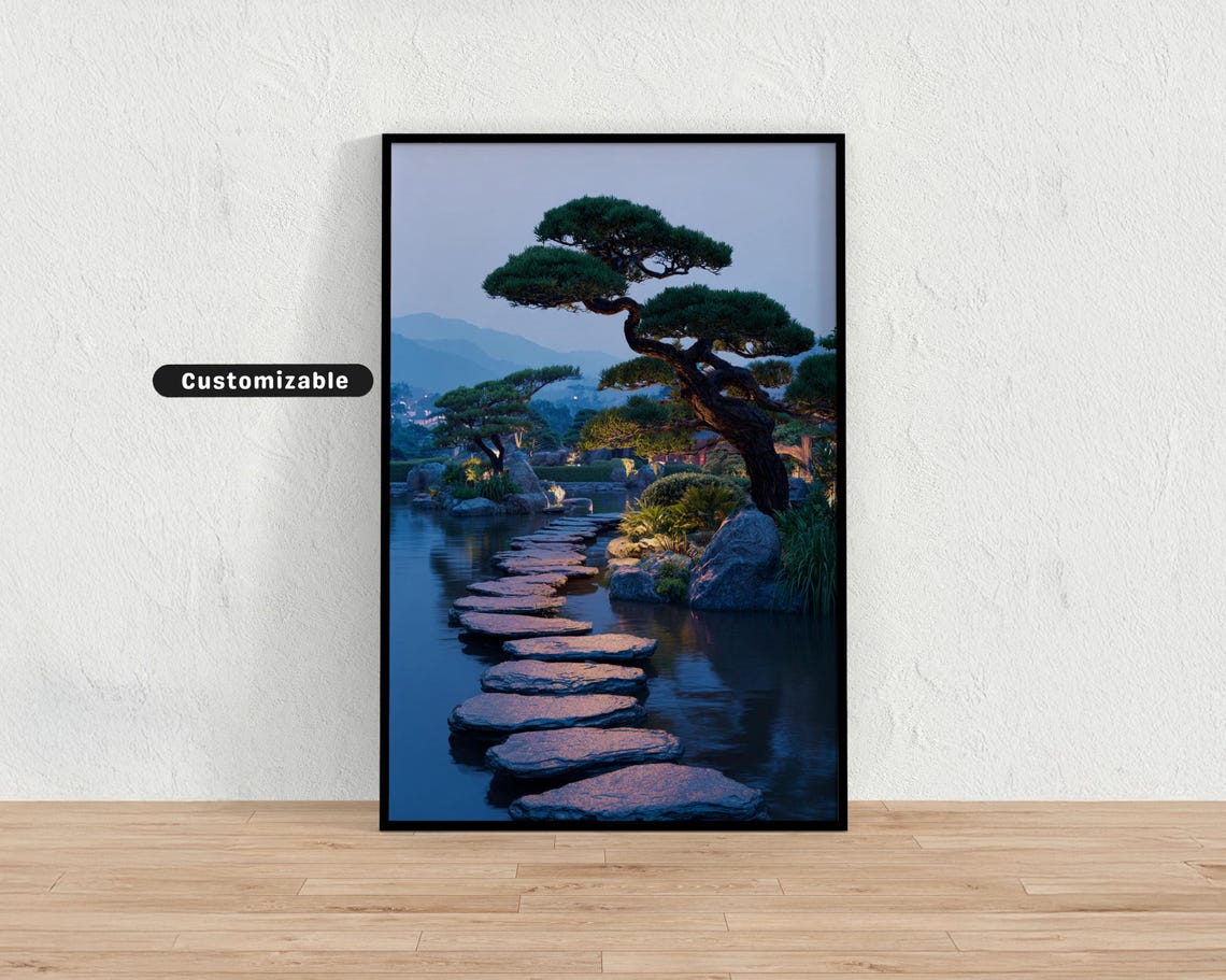 Serene Zen Garden Poster With Stone Path Bonsai Trees At Dusk