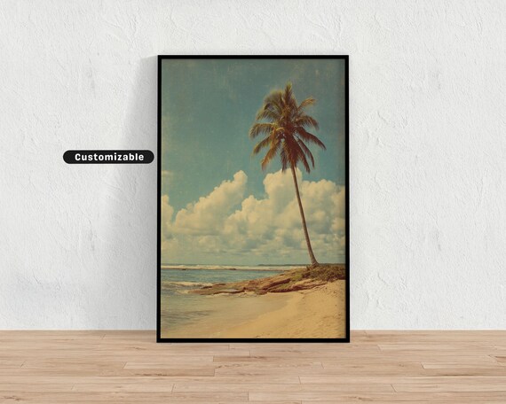 Single Palm Tree Quiet Beach Retro Faded Vintage Photo Wall Print