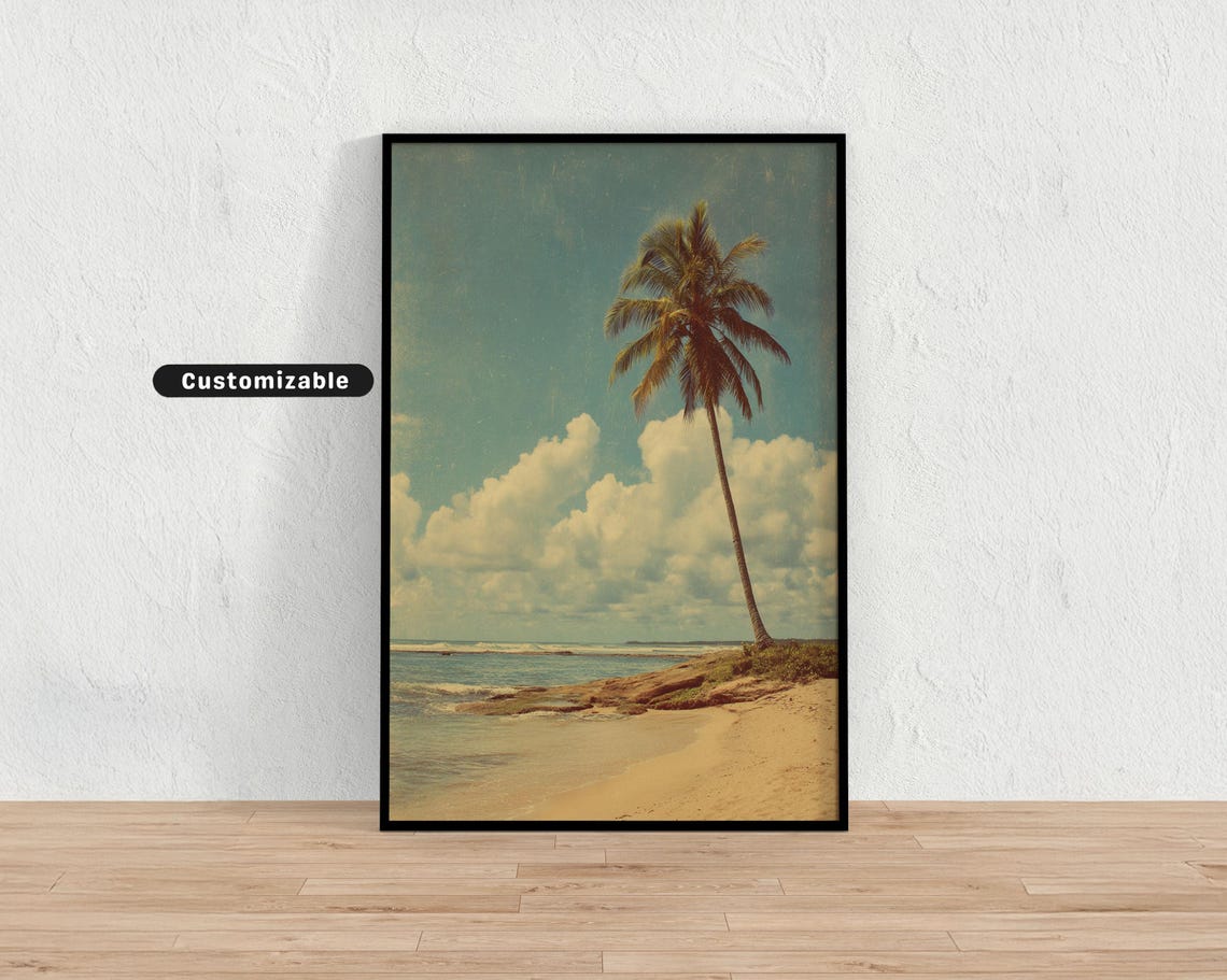 Single Palm Tree Quiet Beach Retro Faded Vintage Photo Wall Print