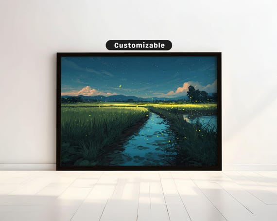 Fireflies Above Rice Fields In Warm Summer Evening Japanese Wall Art Print Zen Asian Decor
