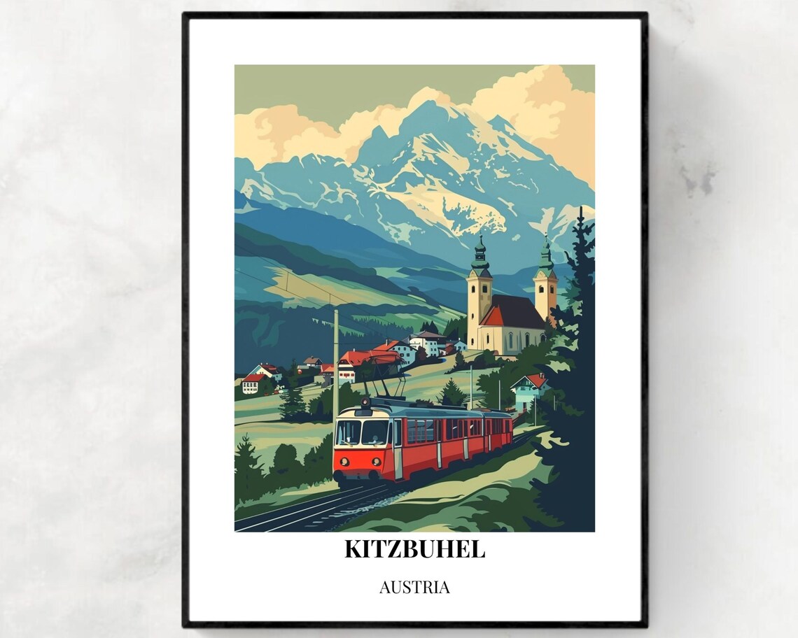 Kitzbuhel Austria Alpine Village Train Vintage Travel Poster