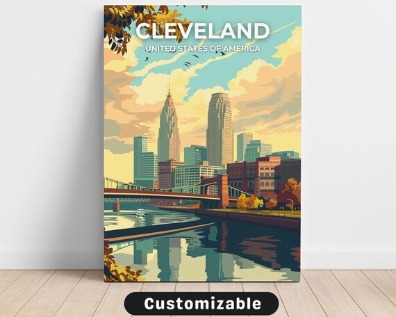 Cleveland River Skyline Retro Travel Poster United States of America