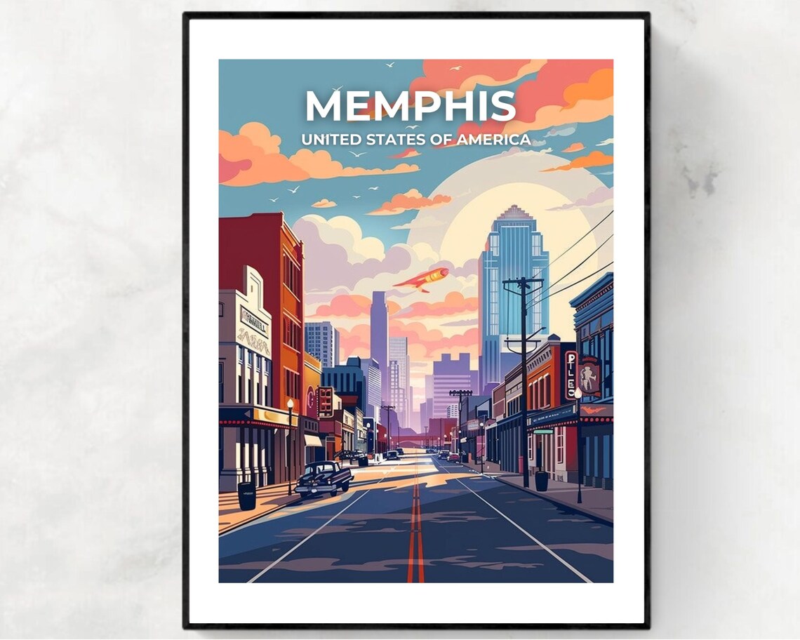 Memphis Tennessee Colorful Downtown Skyline Street Sunset Poster