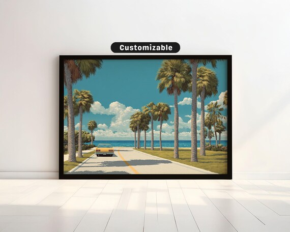 Retro Beach Road Lined With Palm Trees And Classic Car Poster