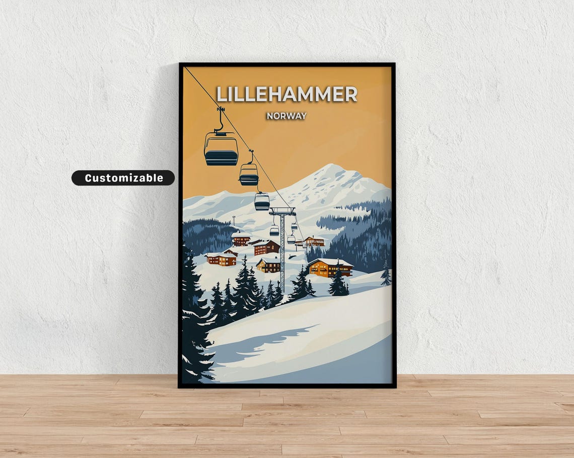Lillehammer Norway Gondola Ski Village Sunset Winter Travel Poster