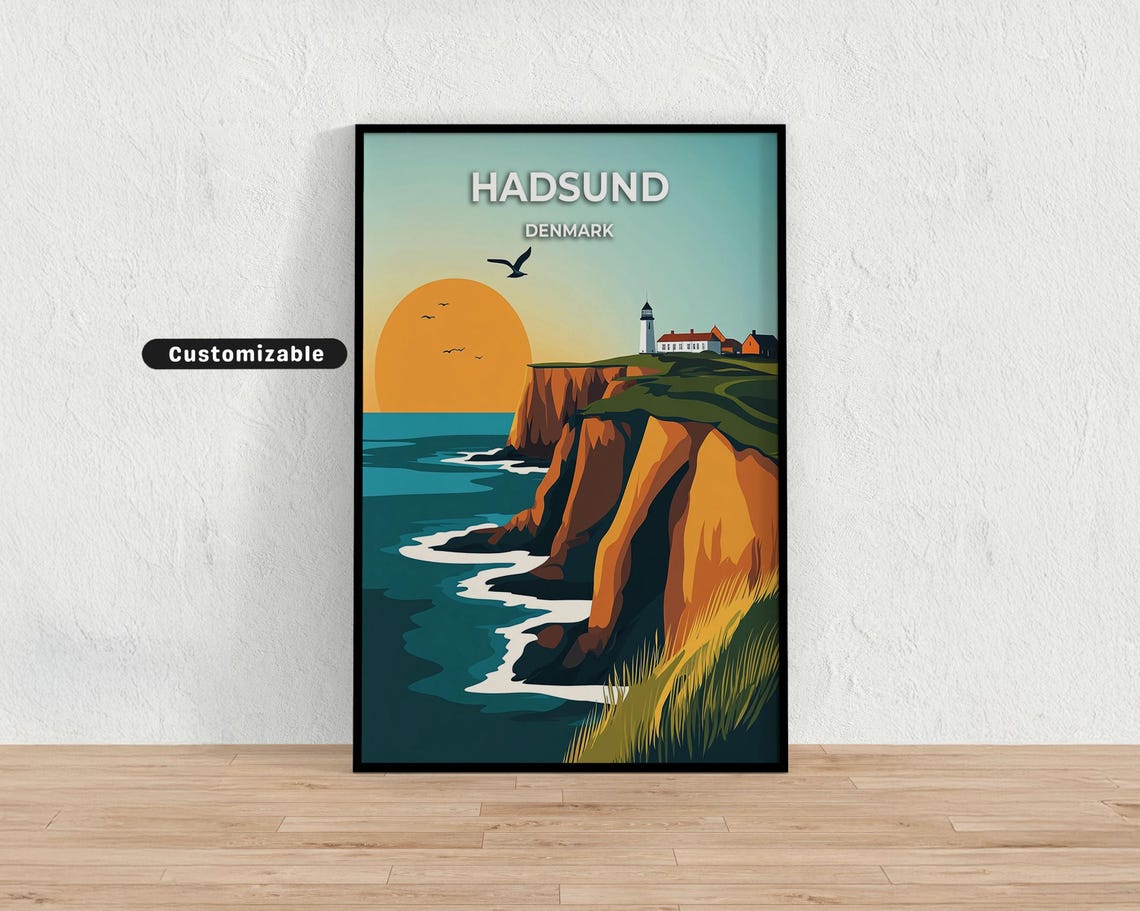 Hadsund Denmark Cliff Lighthouse Golden Sunset Ocean Travel Poster