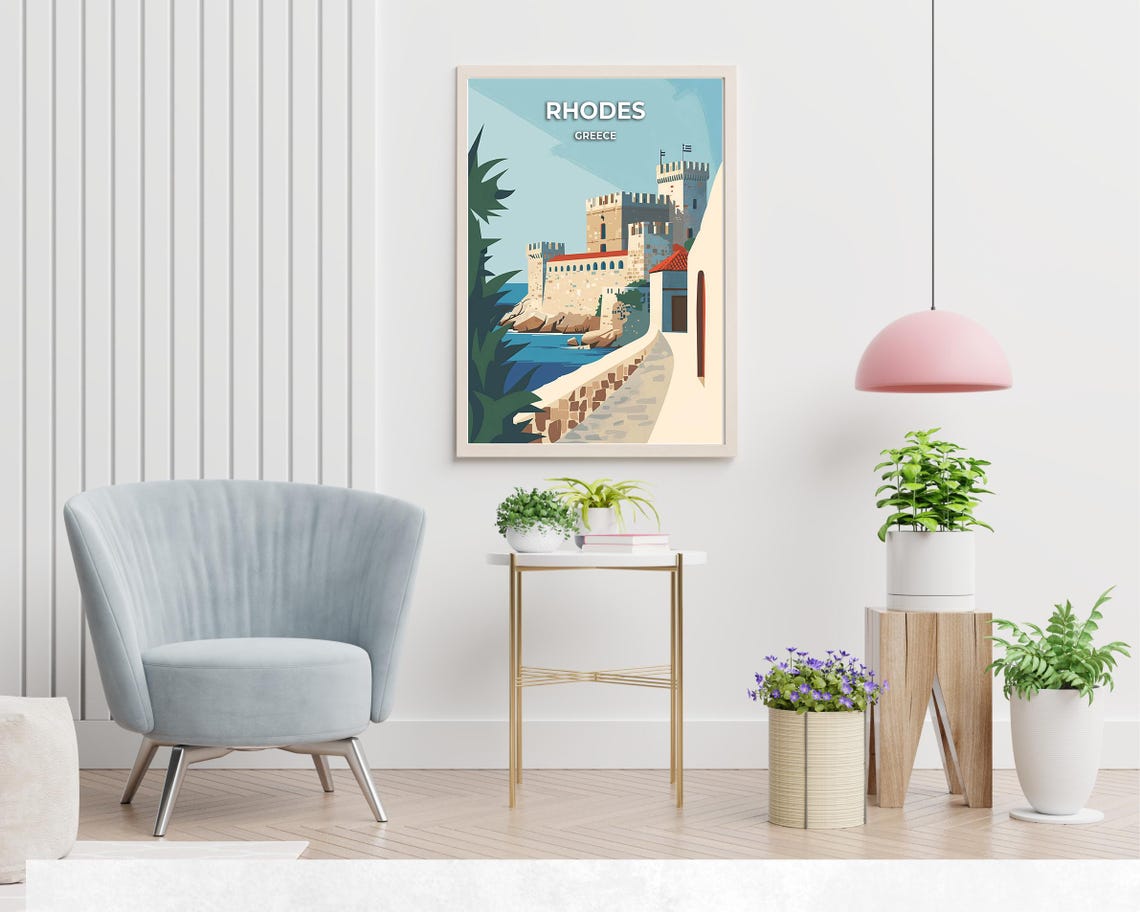 Rhodes Greece Seaside Castle Blue Aegean Coast Travel Poster - Image 2