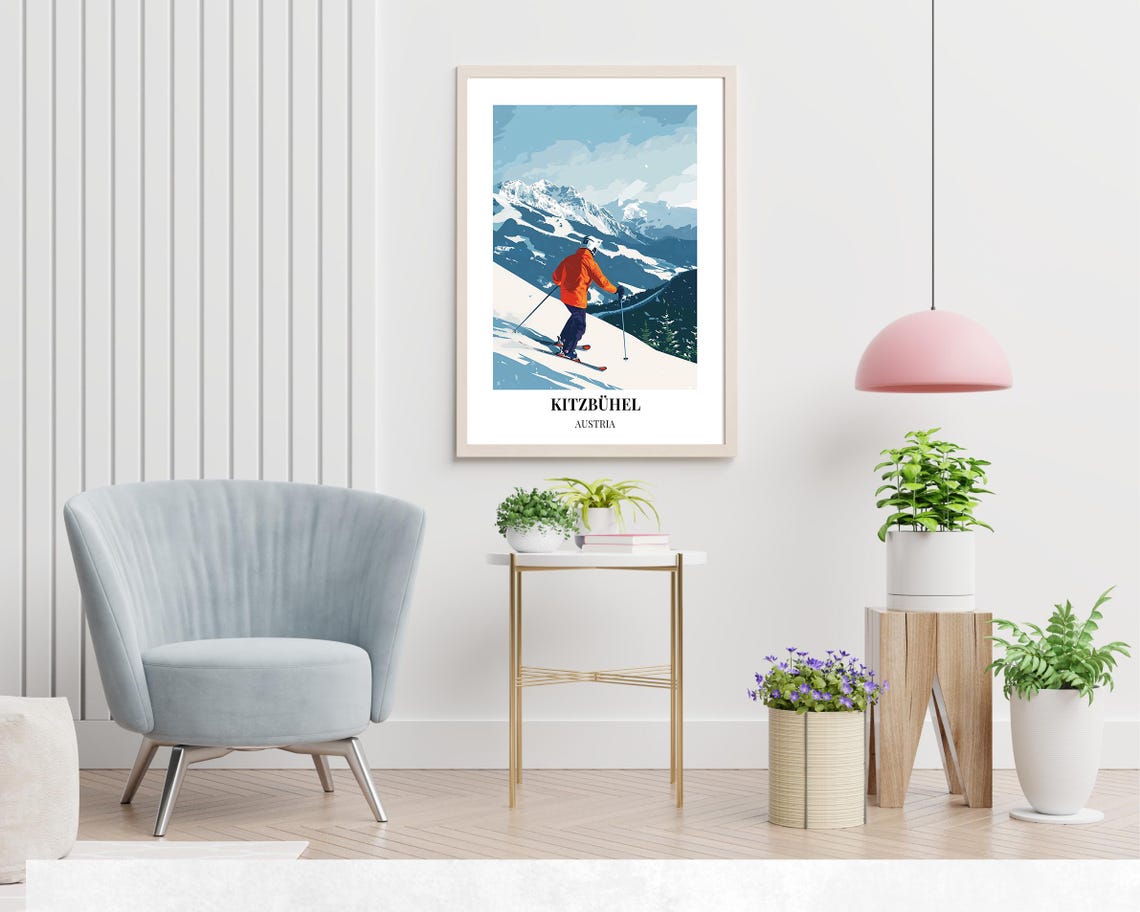 Kitzbuhel Austria Ski Slopes Orange Skier Mountain Panorama Poster - Image 2