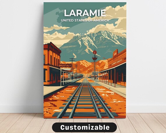 Laramie Railroad Main Street Mountains Vintage Travel Poster