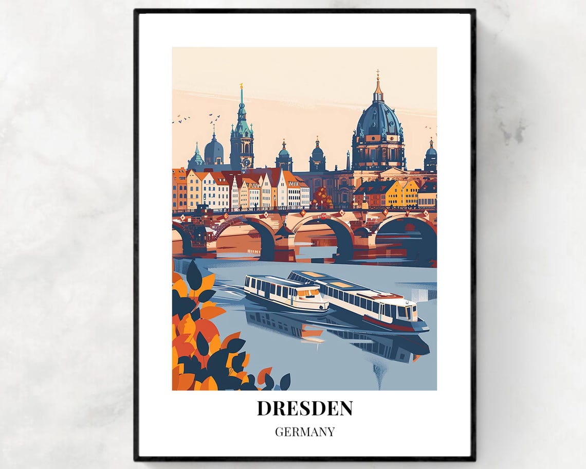 Dresden Germany Minimalist River Skyline Bridge Boat Travel Poster