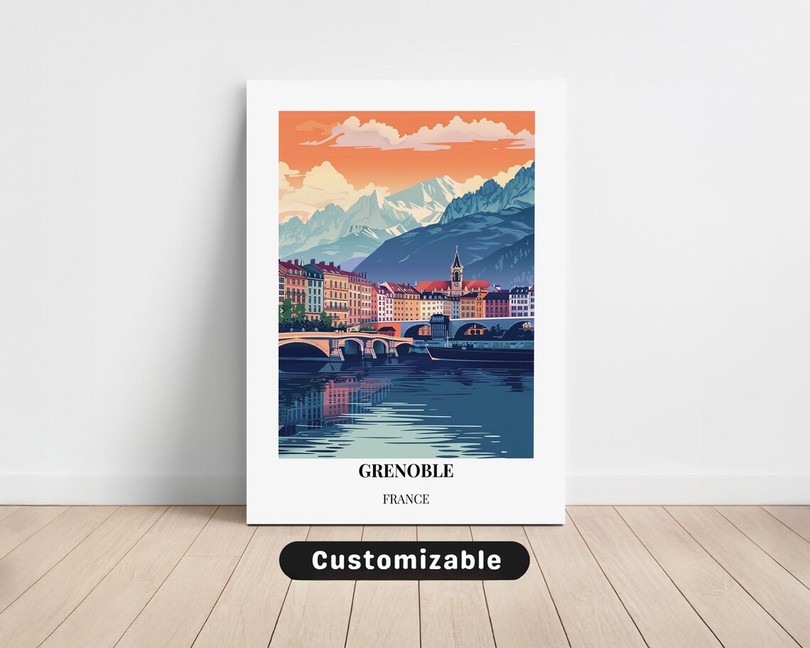 Grenoble France Alpine City Riverside Retro Vintage Travel Poster