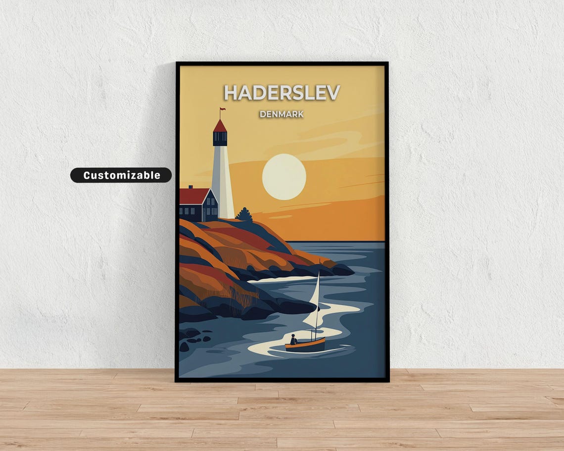 Haderslev Denmark Sunset Lighthouse Sailboat Coastal Travel Poster