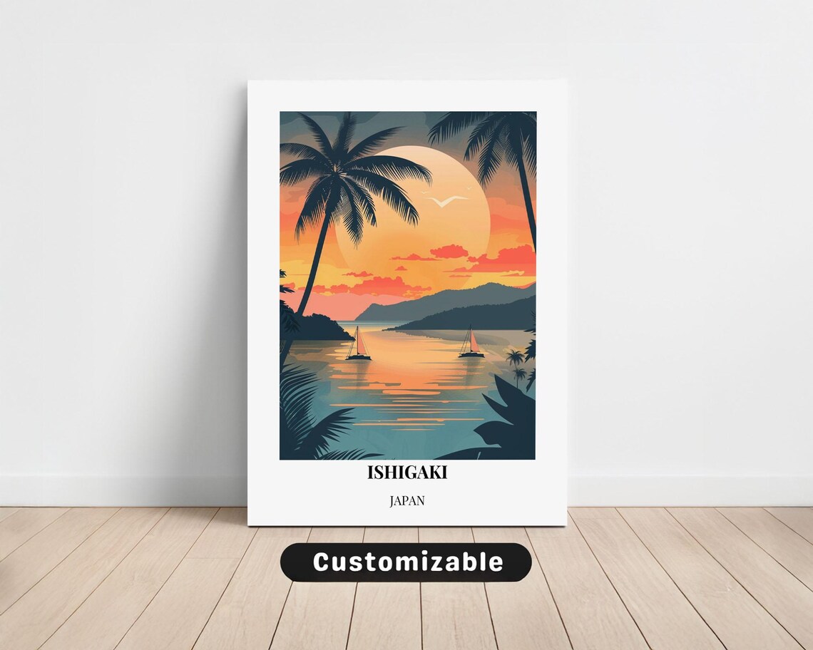 Ishigaki Japan Tropical Sunset Sailboats Travel Art Palm Tree Poster