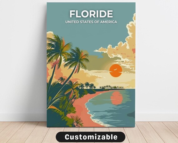 Florida Palm Beach Tropical Sunset Vintage Retro Travel Poster