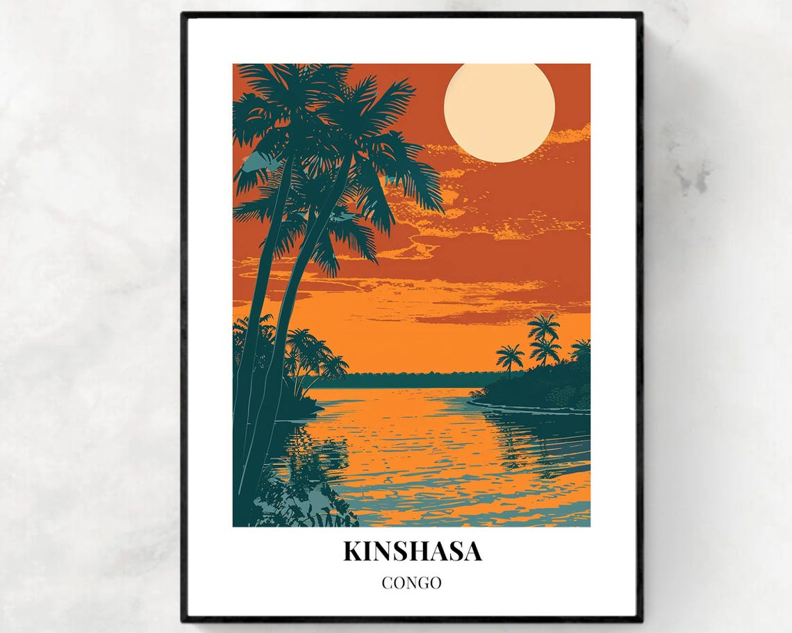 Kinshasa Congo River Sunset With Palm Trees Africa Travel Poster