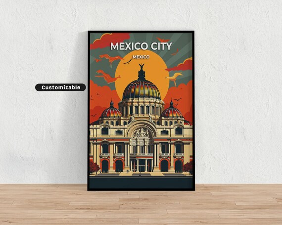 Mexico City Domed Palace Sunset Birds Golden Sky Travel Poster