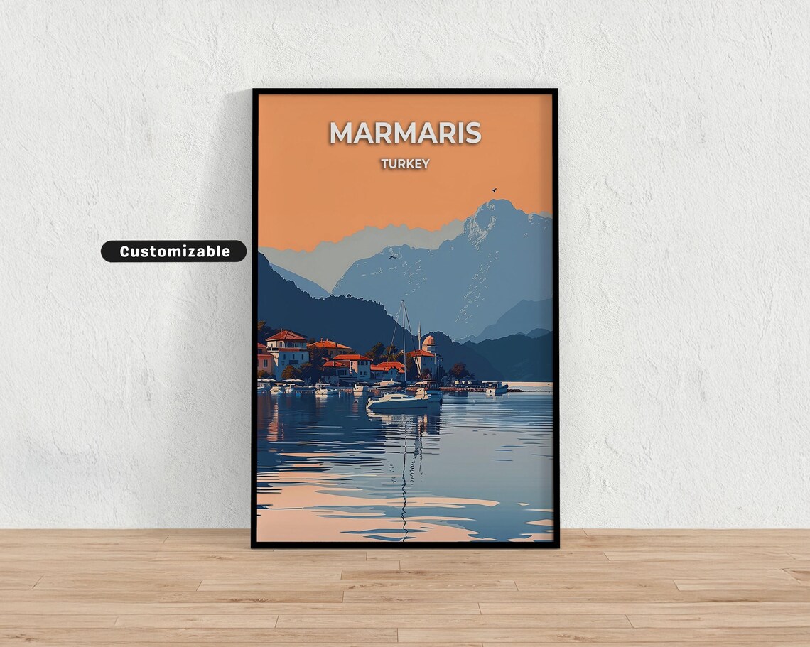 Marmaris Turkey Sunset Harbor Sailboats Mountain Retro Travel Poster